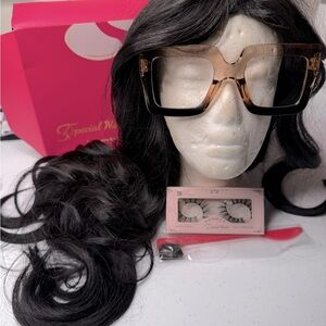Black Wig with edge brush and Eyelashes